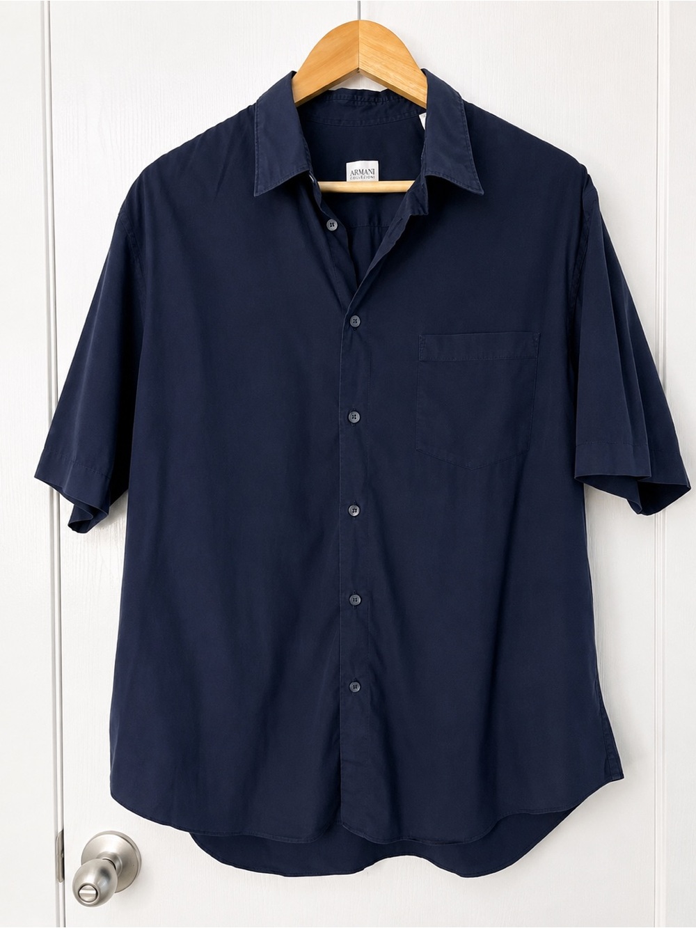 Armani Collezioni Men’s Large Navy Stretch Cotton Button Down Shirt